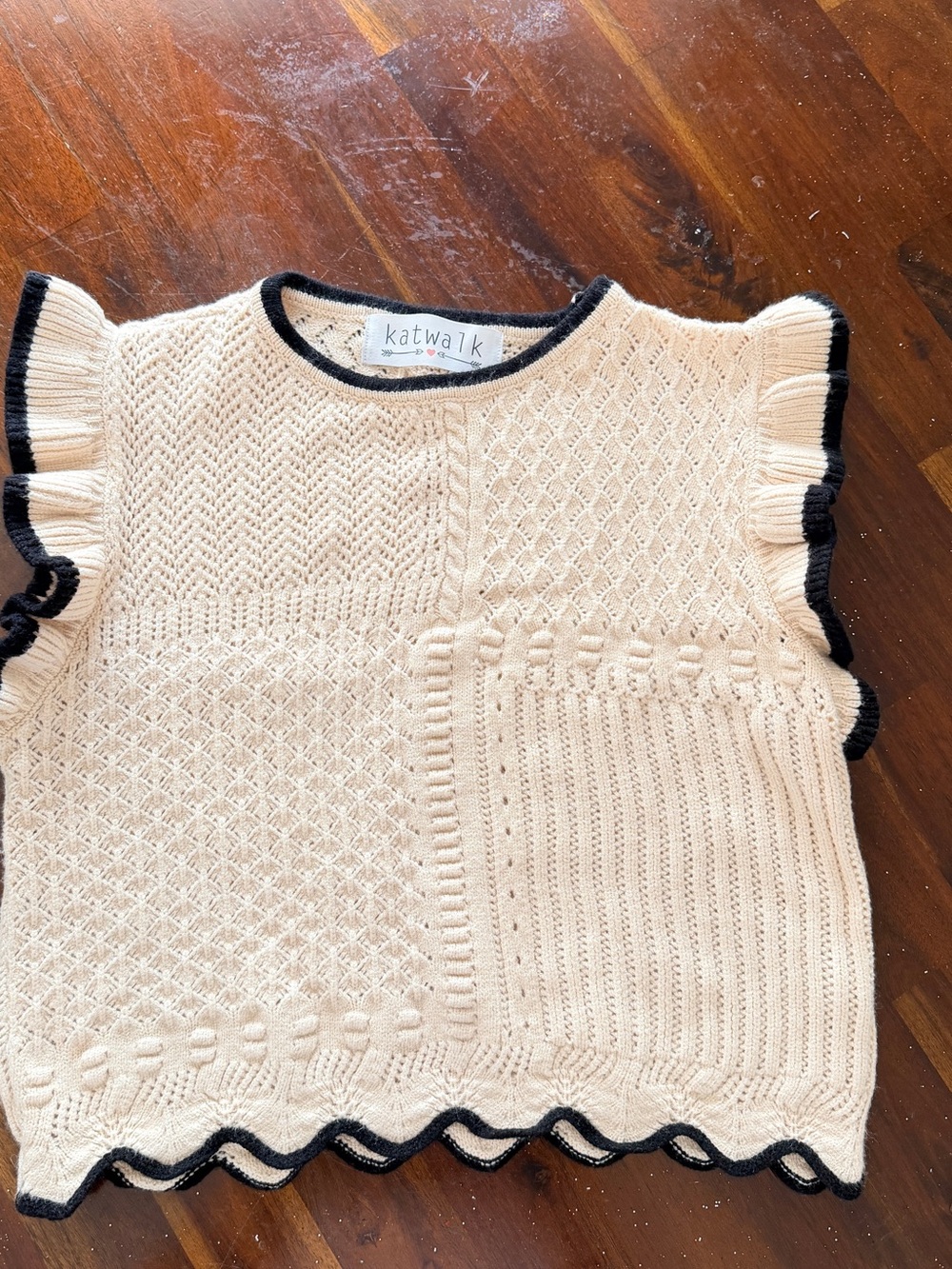 Katwalk Cream Knit Ruffle Sleeve Top with Black Trim